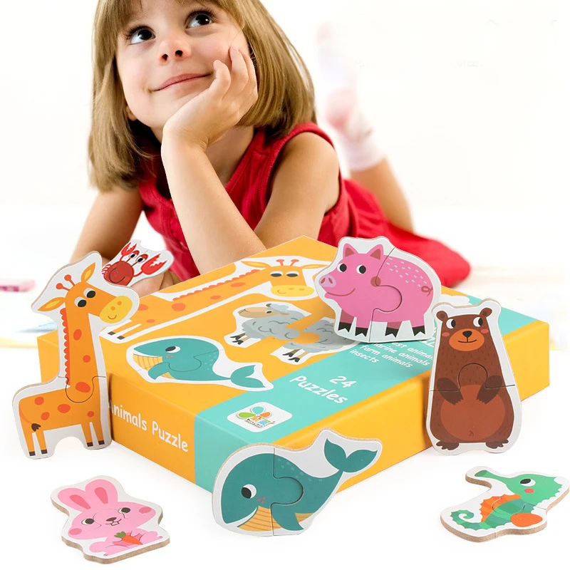 JINLETONG 22-24pcs/dėžutė Medinė Dėlionė Montessori Švietimo Žaislas Gyvūnų Eismo Vaisių dėlionės Dėlionės Mokymosi Žaislai Vaikams