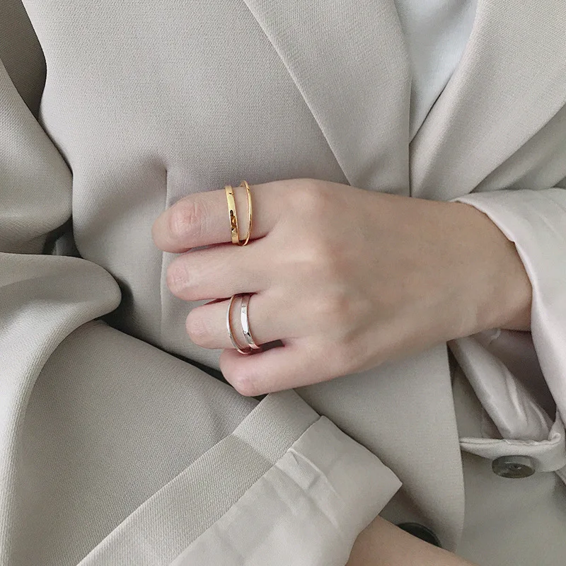 Korėjos S925 sterlingas sidabro žiedas INS minimalizmas dvigubo sluoksnio linijos poliruoti moterų atidaryti žiedas asmenybės reguliuojamas sidabro žiedas