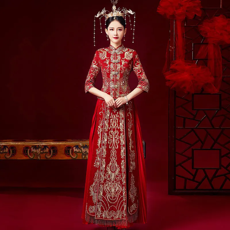Aukštos Kokybės Siuvinėjimo Mėgėjams Vestuvių Suknelė Kinų Stiliaus Santuokos Drabužių Rytų Choengsam Qipao Išskirtinį Santuokos Dovana