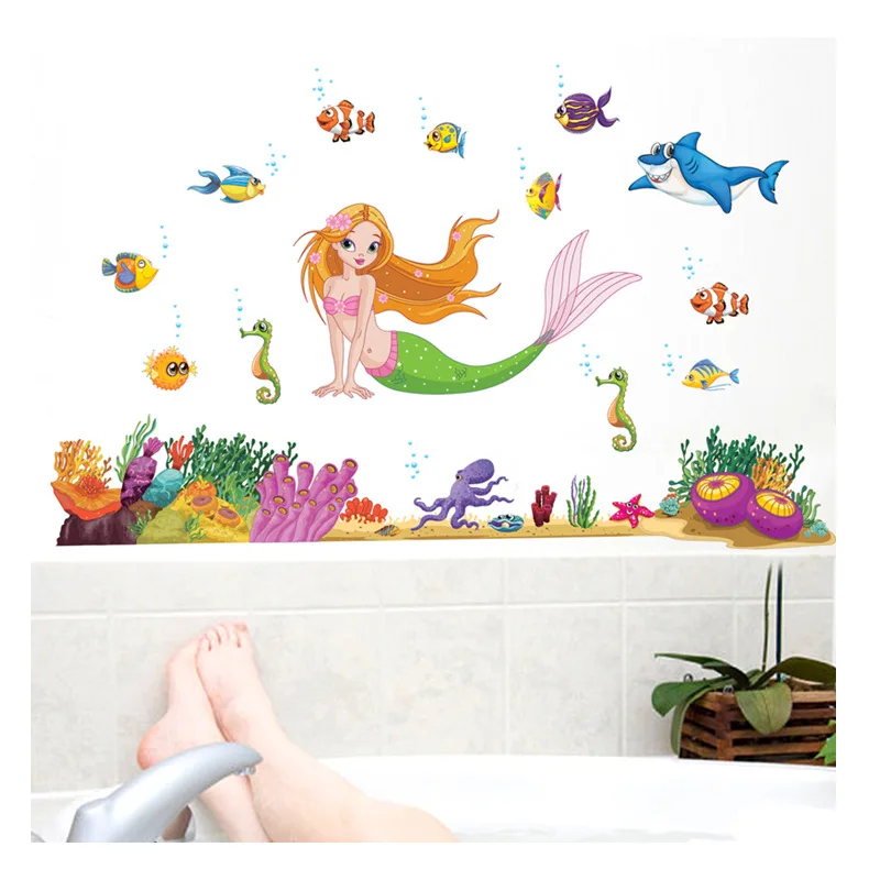 Didelis 95 x 140 cm Undinėlė povandeninis Sienų Lipdukai vandenyno Namų Dekoro, Vaikų Kambarys vonios kambarys Dekoro Decal