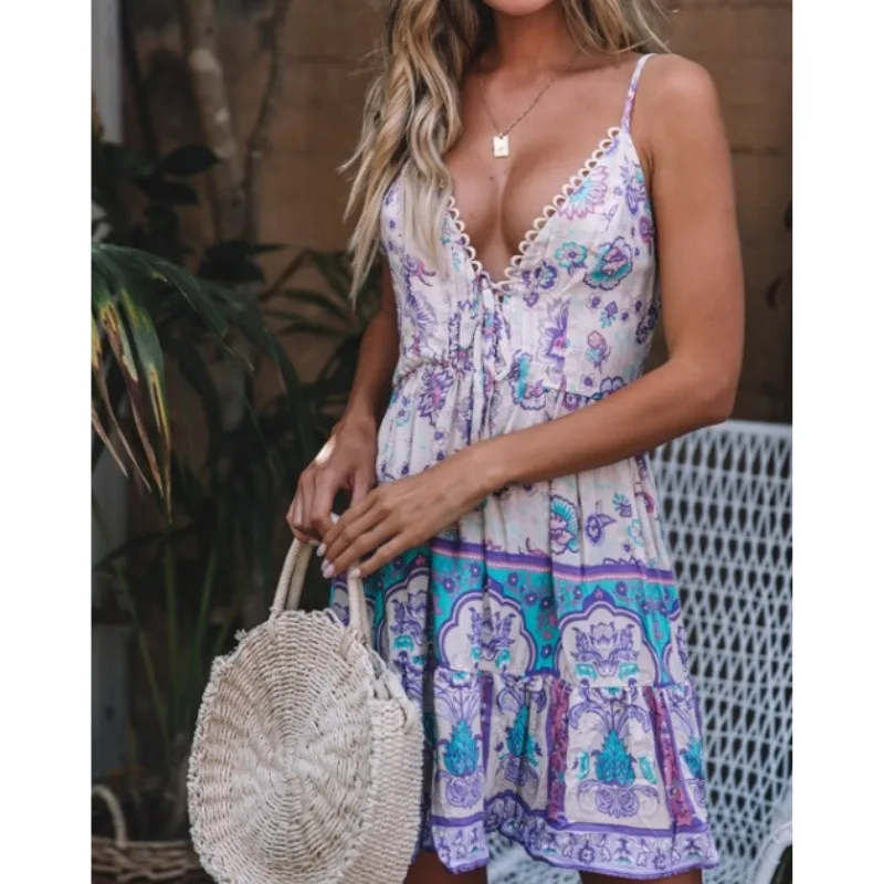 Vasaros Boho Dirželis Chiffion Mini Suknelė 2019 Mados Moterų Giliai V-kaklo, Rankovių Šalies Paplūdimys Suknelė Sundress