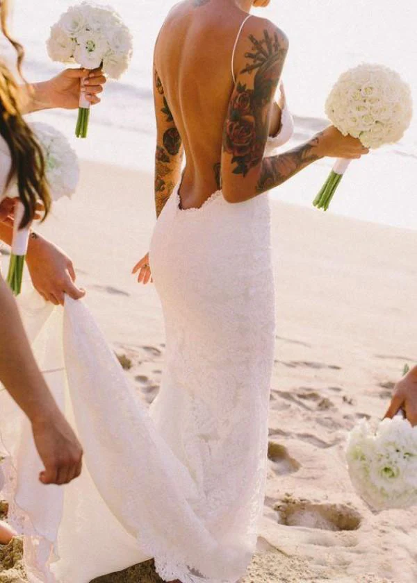 E JUE SHUNG Balta Nėrinių Backless Undinė Boho Vestuvių Suknelės 2019 Spagečiai Dirželiai Nugaros Vasaros Suknelės Paplūdimio Vestuvių Suknelės