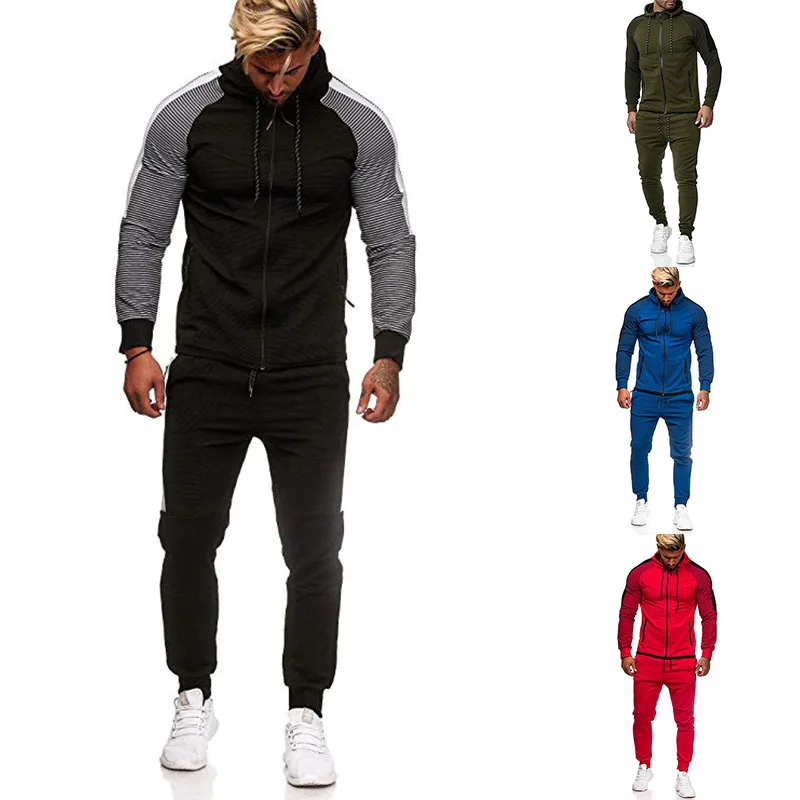 2020 m. Rudens/žiemos naujas vyrų juostele kostiumas, mezgimo hoodie, sporto kelnės kombinezonas, lauko bėgimo, laisvalaikio dviejų vienetų kostiumas