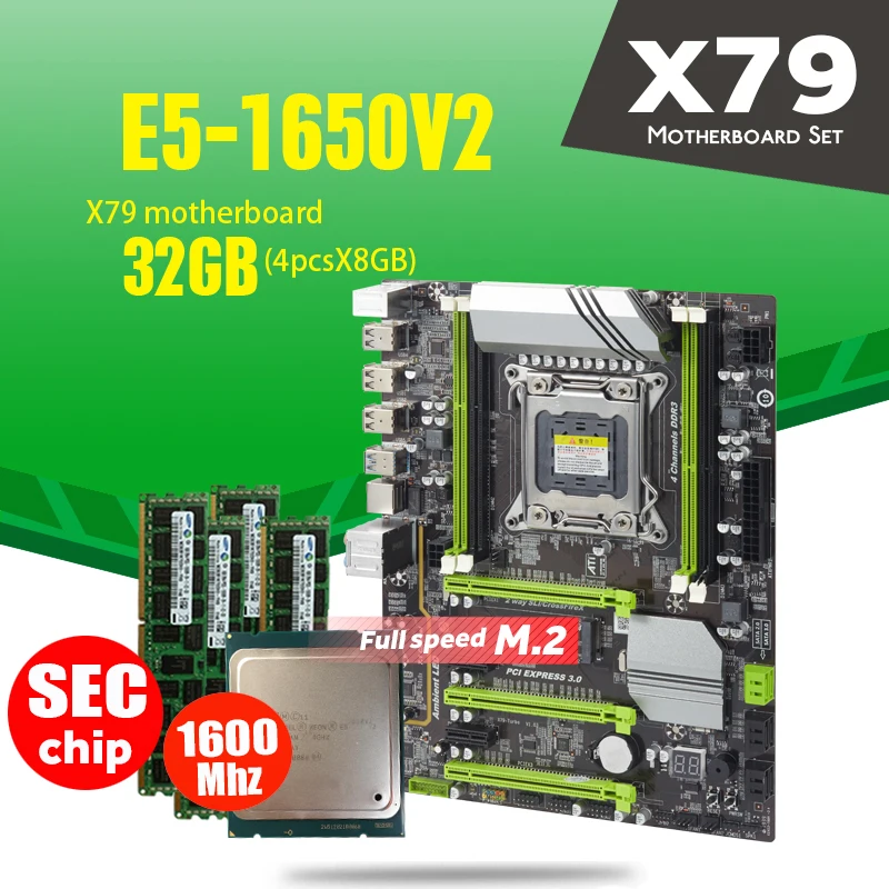 X79 Turbo plokštė LGA2011 ATX combo E5 1650 V2 4pcs x 8 GB = 1 600mhz 32GB PC3 12800R PCI-E NVME M. 2 SSD USB3.0 SATA3