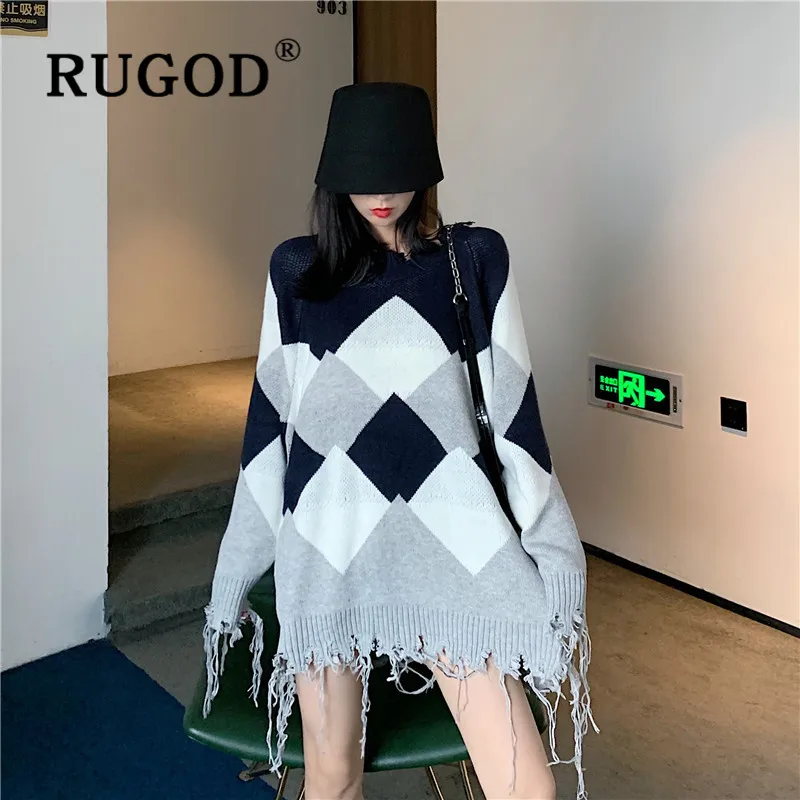 RUGOD Moterų 's Megztinis korėjos Stilius Derliaus Contras Spalvos Deimantų Kutas Megzti Megztinis Atsitiktinis Lady Purus Megztiniai 2019