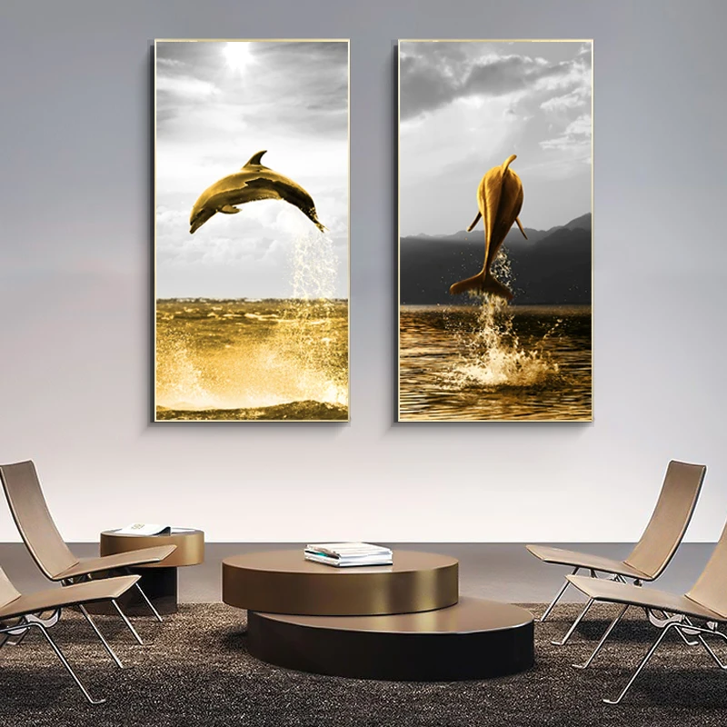 DDHH Namų Dažymo Didelis Aukso Delfinų Gyvūnų Nuotraukos Drobės Spausdintos Tapybos Modernios Spausdinimo Sienos Meno Plakatas Kambarį