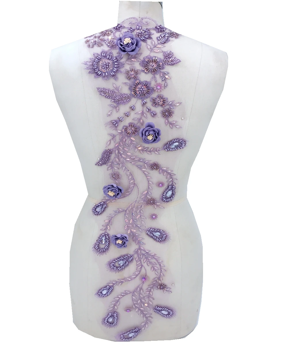 Trimatis šviesiai violetinės spalvos nėriniai aplikacijos su handsewing karoliukai cirkonio pleistrai 72*17cm promenadzie suknelė priedų