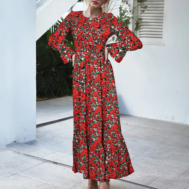 Rudens derliaus raudona suknelė vestidos drabužiai moterims 2020 Spausdinti ilgomis Rankovėmis Atspausdintas Polka Dot elegantiškas maxi-Line Suknelė moterims