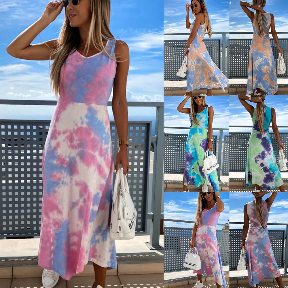 Vasaros išpardavimas 2020 Naujas Moterų Atsitiktinis Maxi tie dažai Paplūdimio Suknelė Seksualus Ponios Kratinys O-Kaklo, Rankovių Boho Nereguliarus Padalinta Suknelė