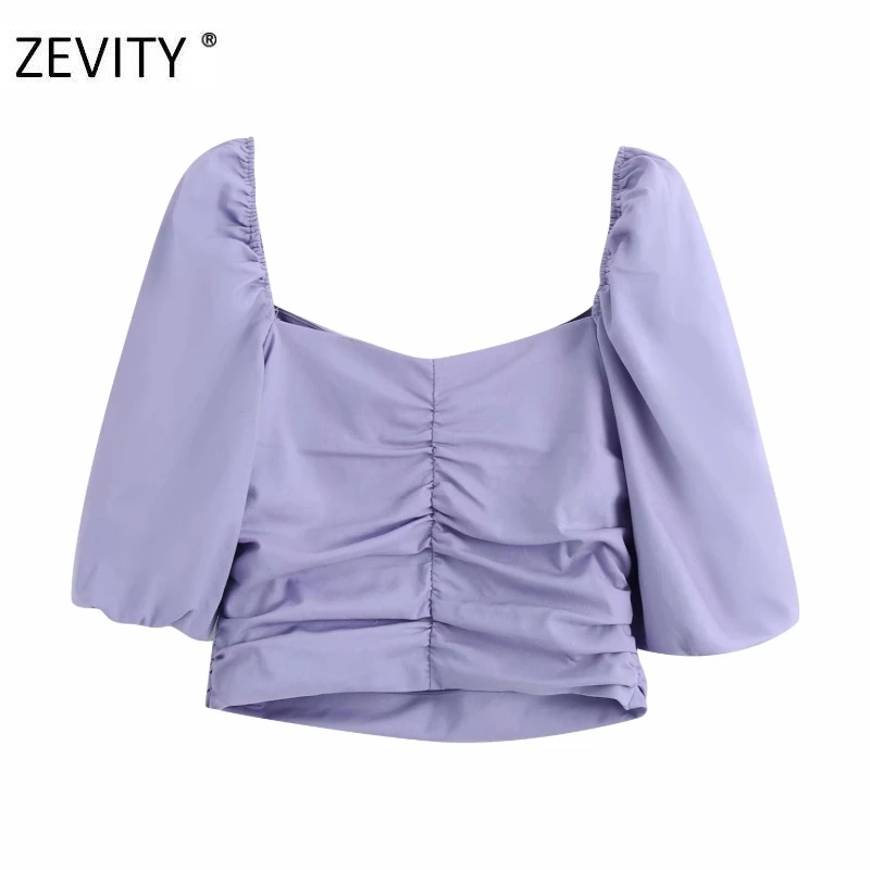 Zevity moterų mados vientisos spalvos klostuotas trumpas smock palaidinė moteriška sluoksniuotos rankovėmis pusėje užtrauktukas slim marškiniai, elegantiškos apkarpyti viršūnes LS7041