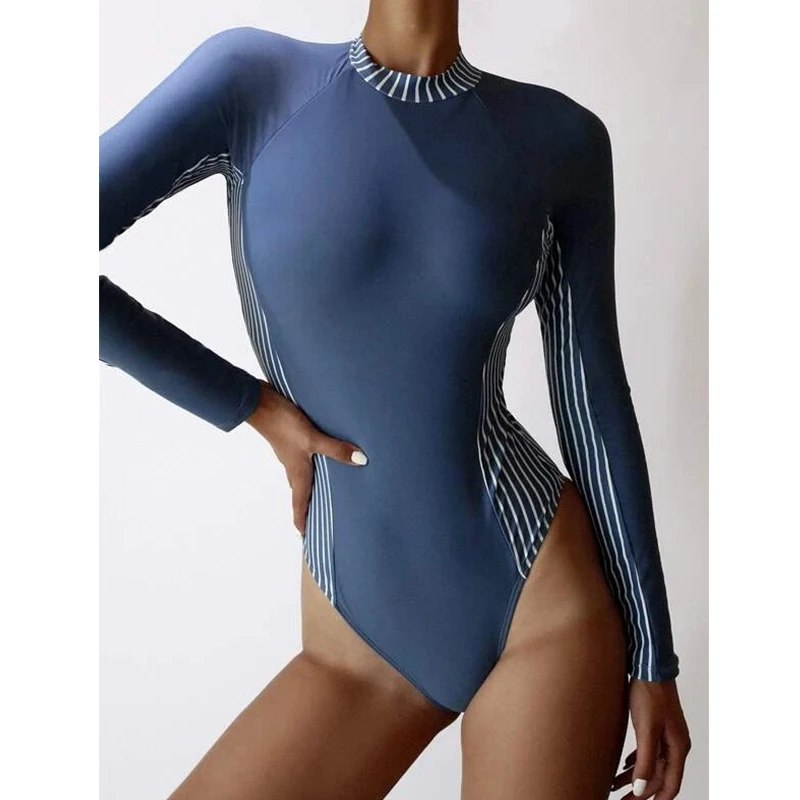 Sporto užtrauktukas vientisas kostiumas Augalų spausdinti maudymosi kostiumėlis moterims Seksualus aukštos sumažinti maudymosi kostiumėliai, Derliaus ilgomis rankovėmis monokini Maudymosi kostiumą, Bodysuit