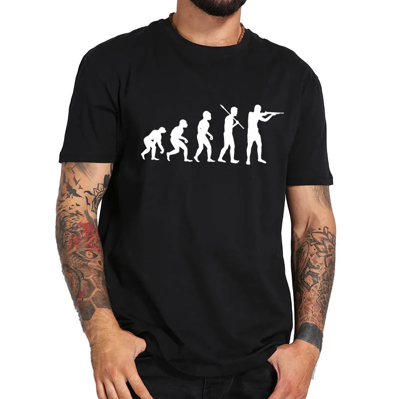 Evoliucija Žmogaus Marškinėliai Iš Primityvių Pateikti Tapti Akmens Amžiaus Žmogus su Šautuvu Marškinėlius Medvilnė Tee Viršūnės