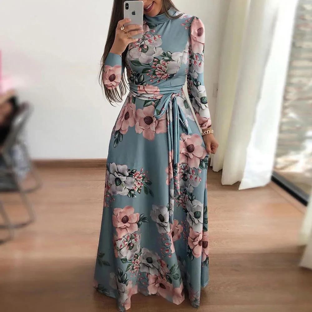 Moterys, Rudens Dress 2020 Atsitiktinis Ilgomis Rankovėmis Ilga Suknelė Maxi Suknelė Suknelės Vestidos Golfo Tvarstis Elegantiškas Boho Gėlių Spausdinti