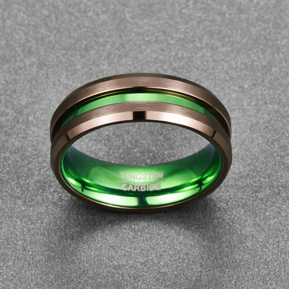 2018 klasikinis vyrų žiedas vestuvių prekės žiedo electroplated ruda žalia viduryje groove volframo plieno žiedas anel masculino T103R