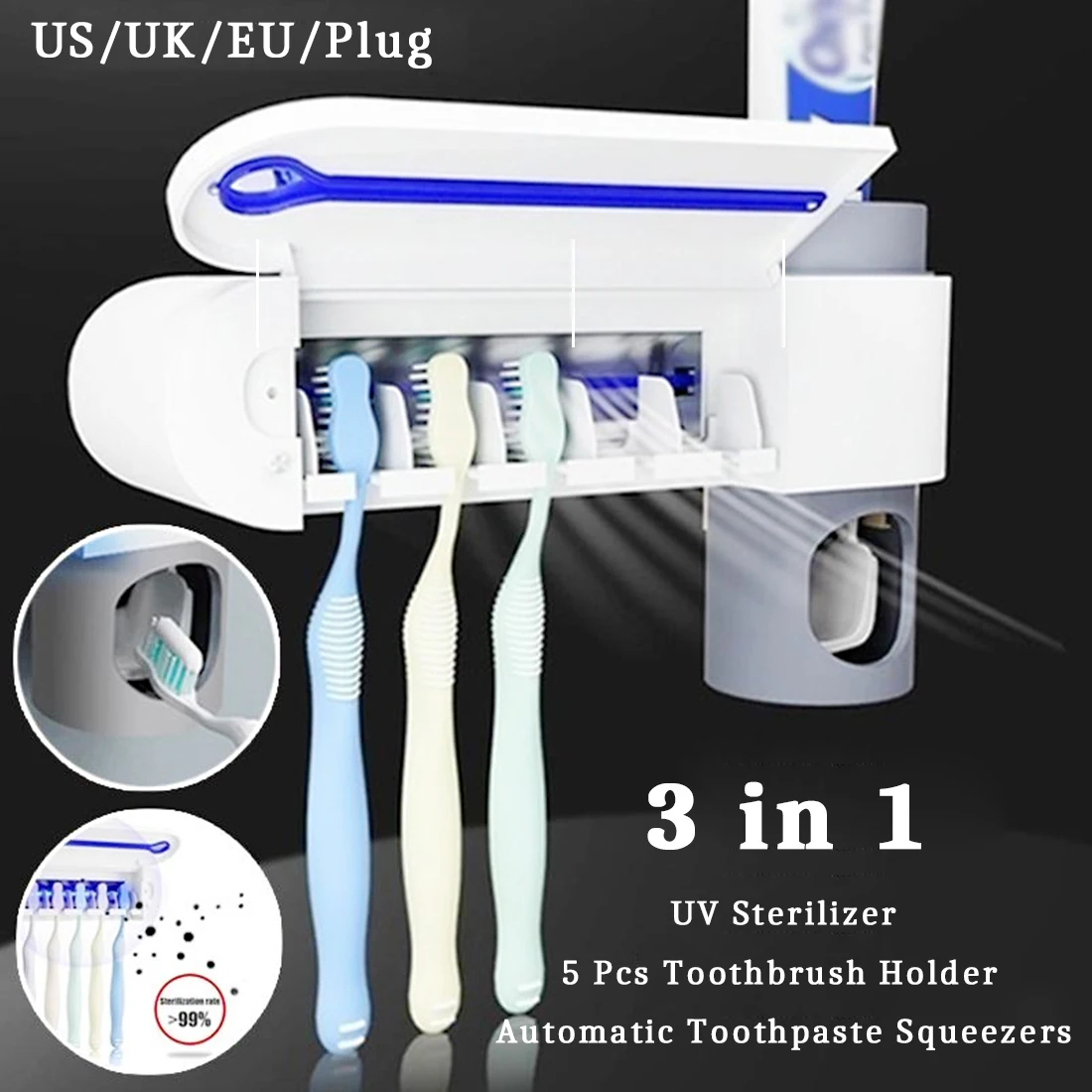 3 1. Antibakterinis dantų šepetėlį Turėtojas UV dantų šepetėlį Sterilizer Automatinis Dantų pastos Dozatorius Plug-In Laisvas Smūgis Sienos Tipo