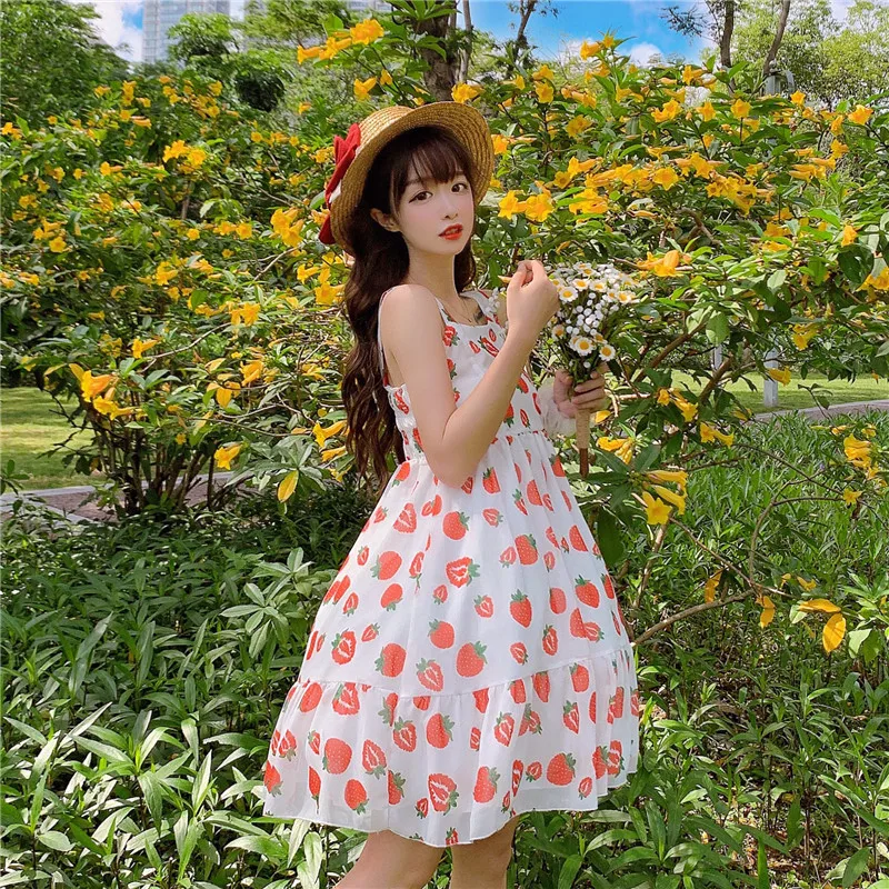 Japonijos saldus mergina JSK Lolita Rankovių kawaii girl vasaros stilius mielas braškių spausdinami aukštos juosmens šifono suknelė mielas