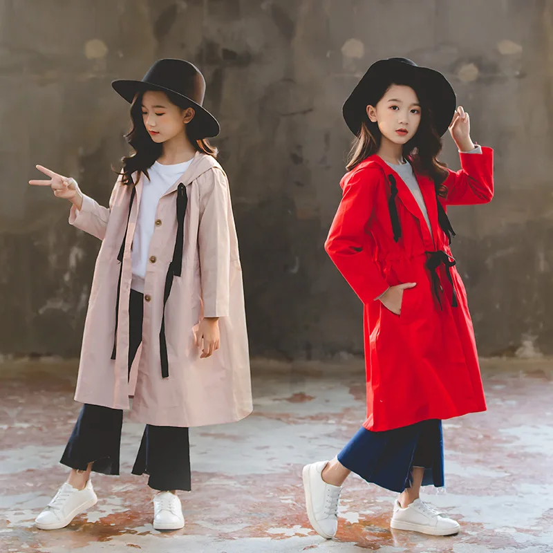 2019 m. rudenį, žiemos mergaitės, tranšėjos paltai mados ilgomis rankovėmis diržo striukė laisvi vaikai švarkelis, kailis paauglės, ilgi Paltai
