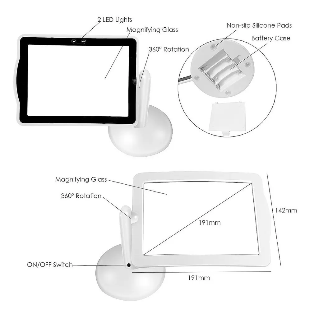 360 Laipsnių Sukimosi Rankų 3X didinamasis stiklas 2 LED Padidinimo Įrankio Stalas Stalo Šviesa Naktį Lempa Su neslidžia Pagalvėlės