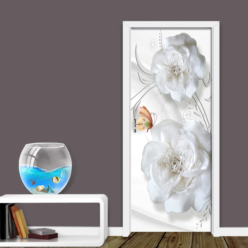 Durų Lipdukai 3D Iškilumo Baltos Gėlės Kambarį Miegamojo Durų Apmušalai PVC Lipni Sienos Lipdukai Imitacija, Sienų Lipdukai