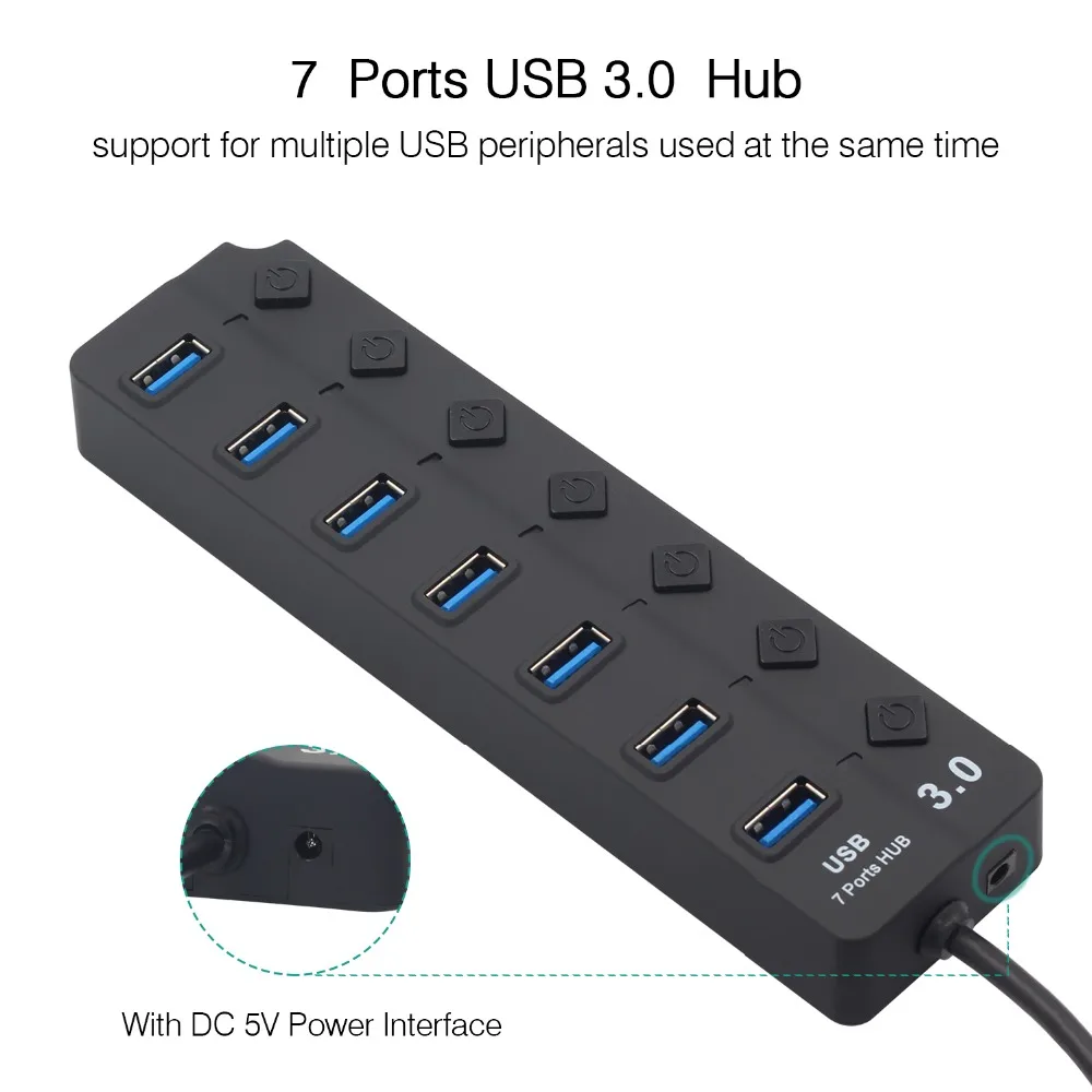 USB Hub 3.0 High Speed 4 / 7 Port USB 3.0 Hub Splitter On/Off Jungiklis su ES/JAV Power Adapter MacBook Nešiojamas KOMPIUTERIS