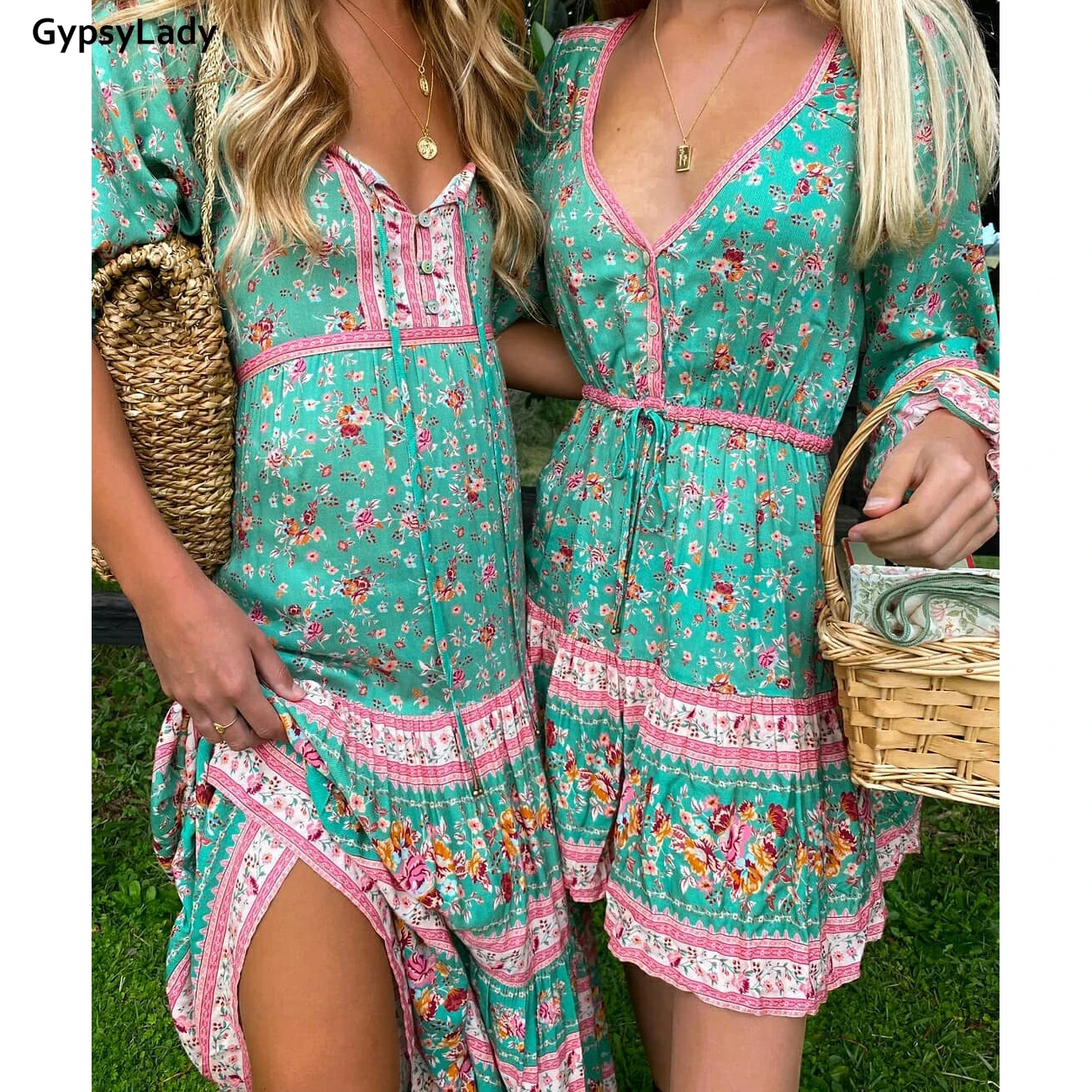 GypsyLady Žalia Gėlių Spausdinti Maxi Suknelė Vintage Moterų Ilgos Suknelės Hipių Prašmatnus Etninės Varčias Raukiniai Merginos Atostogų Prašmatnus Suknelė