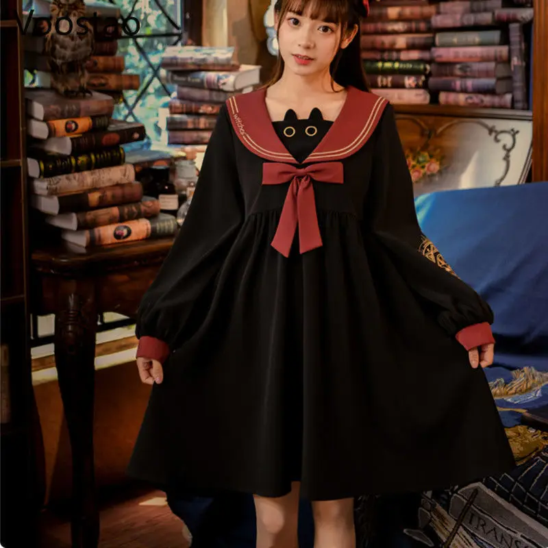 Gothic Lolita Dress Moterų Mielas Preppy Stilius Sailor Apykaklės Lankas Ilgomis Rankovėmis Suknelė Mergaitėms Saldus Katė Ragana Juoda Prarasti Šalis Suknelės