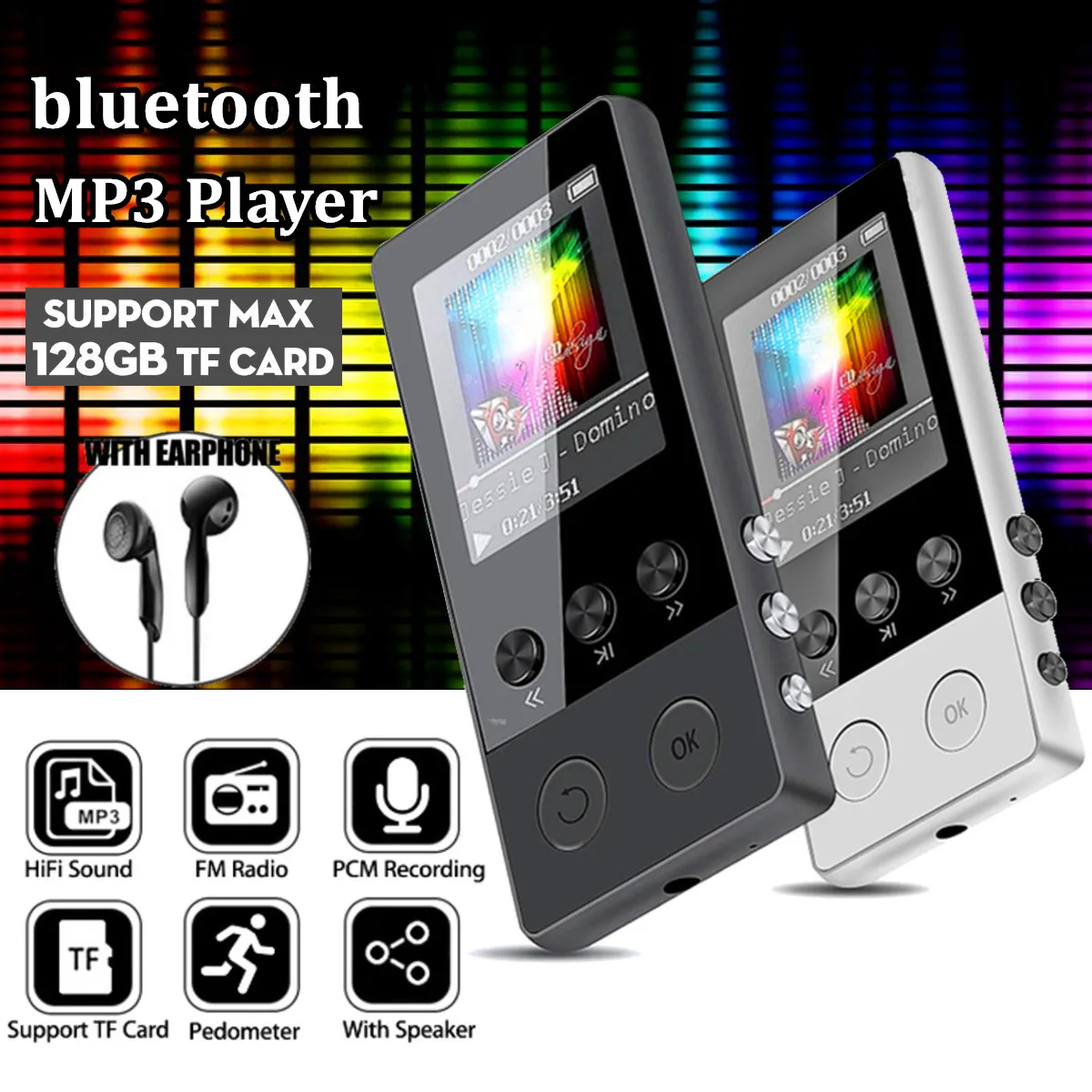 Iki 128 gb bluetooth, MP3 Grotuvas, Ausinės, HiFi fm Radijo Sporto MP 4 HiFi Nešiojamieji Muzikos Grotuvai, Diktofonas, Balso Įrašymo TF Kortelė