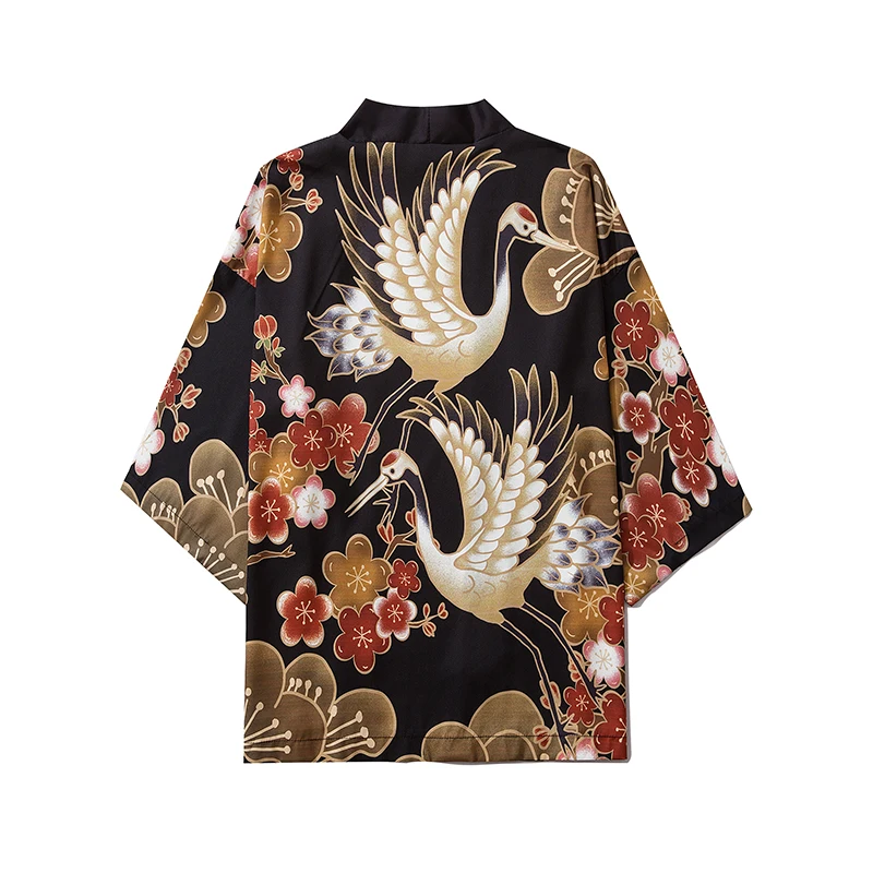 Japonų kimono stiliaus striukė gėlių krano Harajuku hip-hop Japonų kimono apranga gatvėje dėvėti plonas laisvas