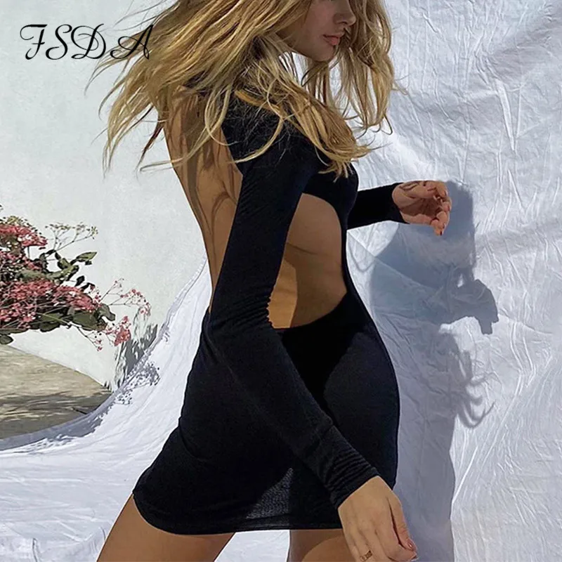 FSDA ilgomis Rankovėmis Laišką Golfo Juoda Suknelė Backless Mini Bodycon Seksualus 2020 M. Rudenį Klubo Moterys Šalis Atsitiktinis Suknelės, Šaliai