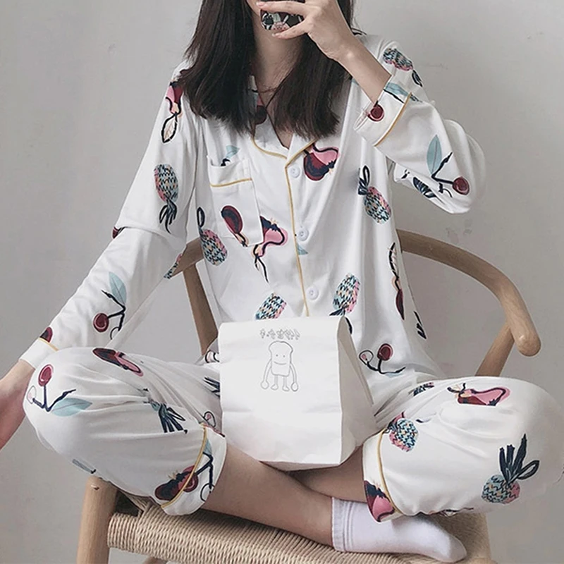 Pižama Nustatyti Moterų 2021 M. Pavasarį, Rudenį 2VNT Nustatyti Moterų Atsitiktinis Turn-Žemyn Sleepwear ilgomis Rankovėmis Animacinių filmų naktiniai drabužiai Mergina Plius Dydis