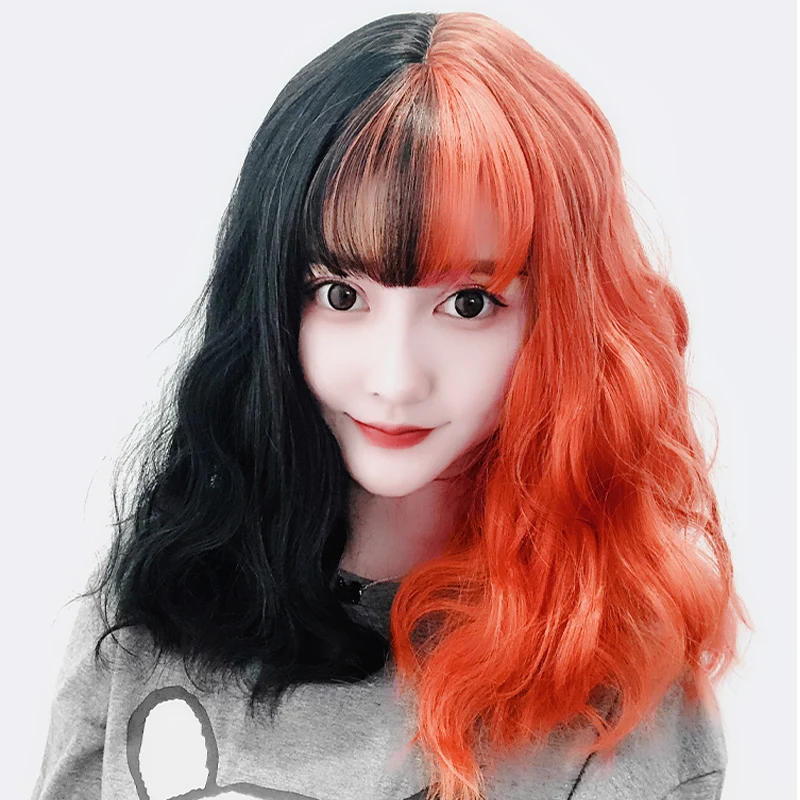Perukas moteris trumpais plaukais juodas raudonas yin du kartus spalvų mados gamtos nematomas tendencija garbanotas plaukų lolita perukas visą galvos apdangalai