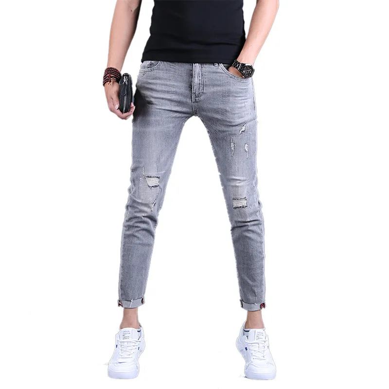 Didmeninė 2020 Skalbimo Dūmų džinsus, pilkos spalvos vyriški kulkšnies ilgio kelnės prekės Plonas kojų vasaros kankina skylių korėjos atsitiktinis pieštuku kelnės