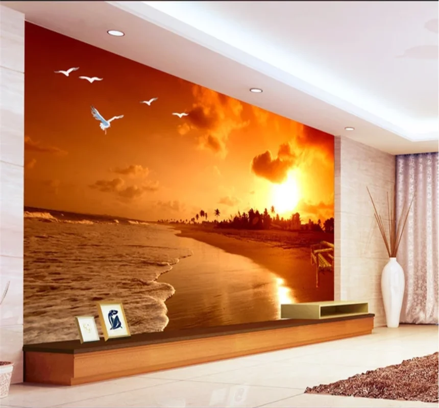 Saulę paplūdimio kraštovaizdžio aliejaus tapybai kambarį, TV foną, sienos užsakymą tapetai, freskos 8D atsparus vandeniui sienų medžiaga