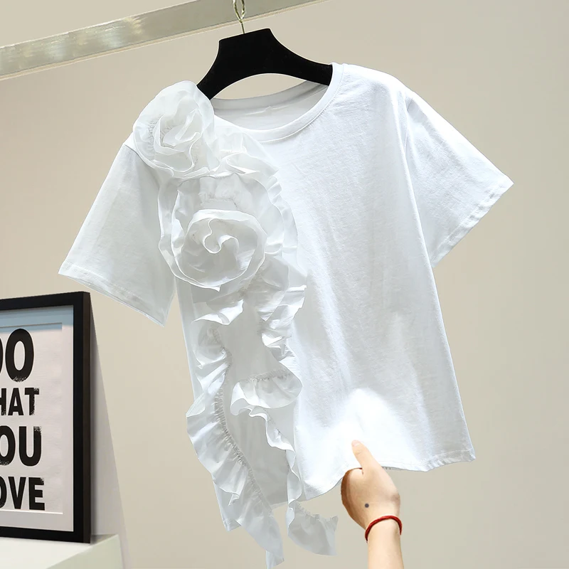 Sunkioji Pramonė trimatis Gėlių T-shirt Moterų 2020 M. Vasarą korėjos Mados Kietas Susiuvimo Susiėmę Marškinėliai, Ponios Viršūnes Tees