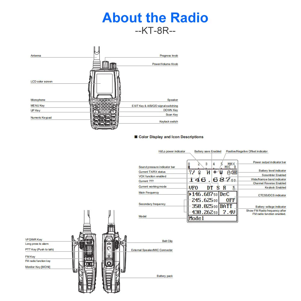 QYT KT-8R Quad Band nešiojamosios radijo 136-174MHz 220-260MHz 400-480MHz 350-390MHz KT8R 5W UV du būdu radijo spalvotas ekranas