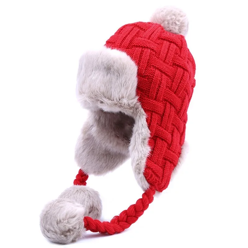 Moterų Trapper Kepurės Žiemą Šiltas Dirbtiniais Fox Fur Bombonešis Skrybėlę Beanies Rusijos Ushanka Vilna, Mezgimo Pom Pom Earflaps Aviatorius Kepurės