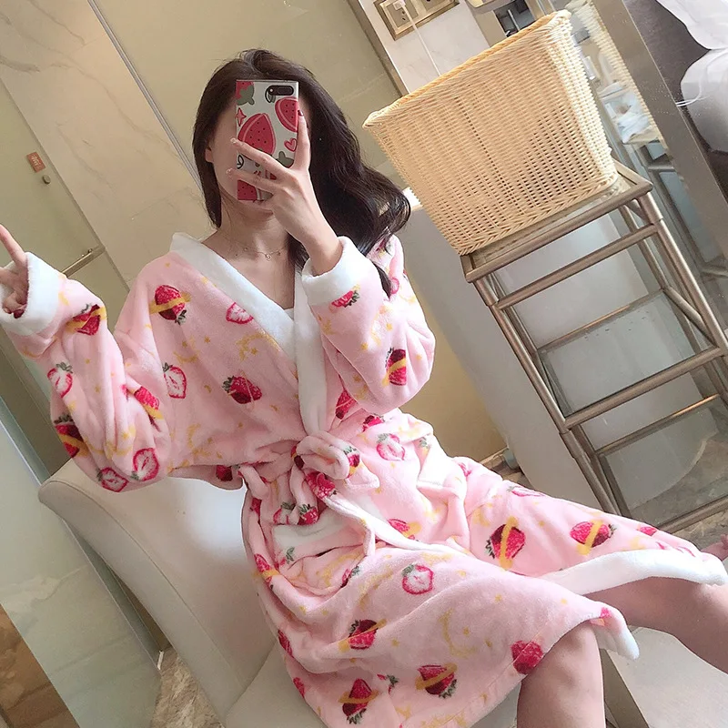 Lady Pink Flanelė Žiemos Skraiste Seksualus Spausdinti Vaisių Intymus Apatinis Trikotažas Sleepwear Chalatas Kimono Suknelė Poilsio Namų Nešioti Su Diržu