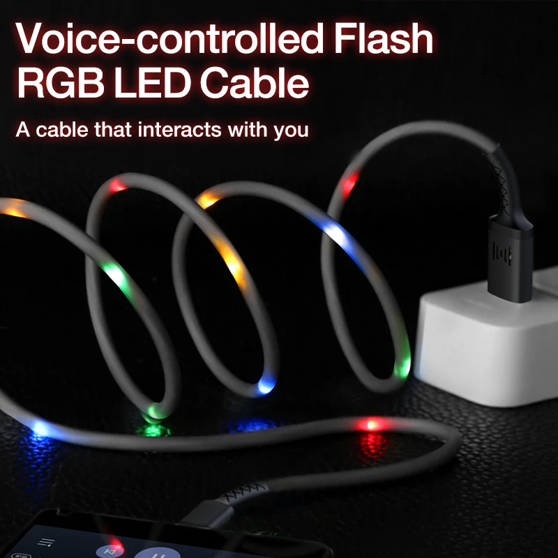 GENAI Micro USB Kabelis Balso Kontrolės, Flash RGB LED Šviesos Kabelio Įkrovimo Laidą, Skirtą 