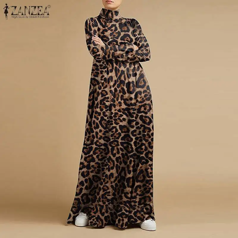 ZANZEA Atsitiktinis Golfo Visą Rankovės Vestidos Stilingas Leopardas Spausdinti Ilgos Suknelės Moterims, Baggy Derliaus Sundress Elegantiškas Chalatas, 5XL