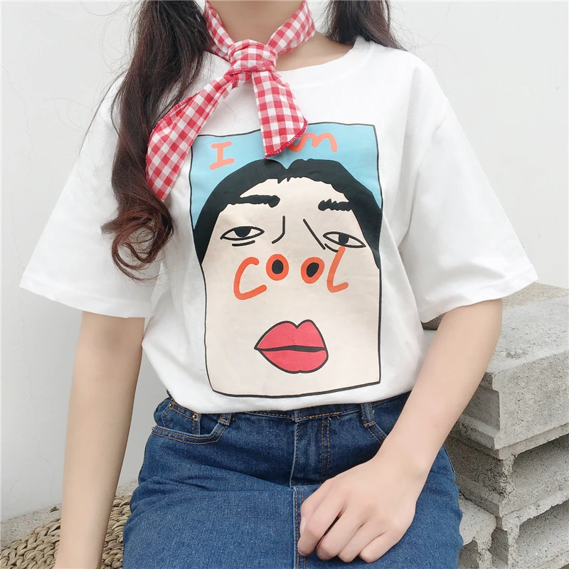 Vasaros suknelė moterų 2019 naujas Harajuku asmenybės juokingas animacinių filmų spausdinti grožio trumpas rankovės laisvalaikio moteriški marškinėliai viršų