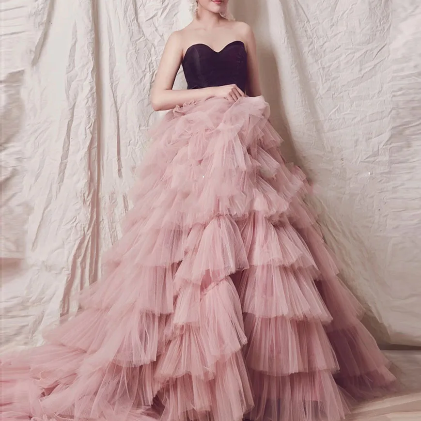 Elegantiškas Rose Pink Ilgai Prom Tiulio Sijonas Ruffles Pakopų Moterų Maxi Sijonai Oficialų Suknelė Valymo Traukinio Tiulio Vestuvių Sijonas Saia Užsakymą