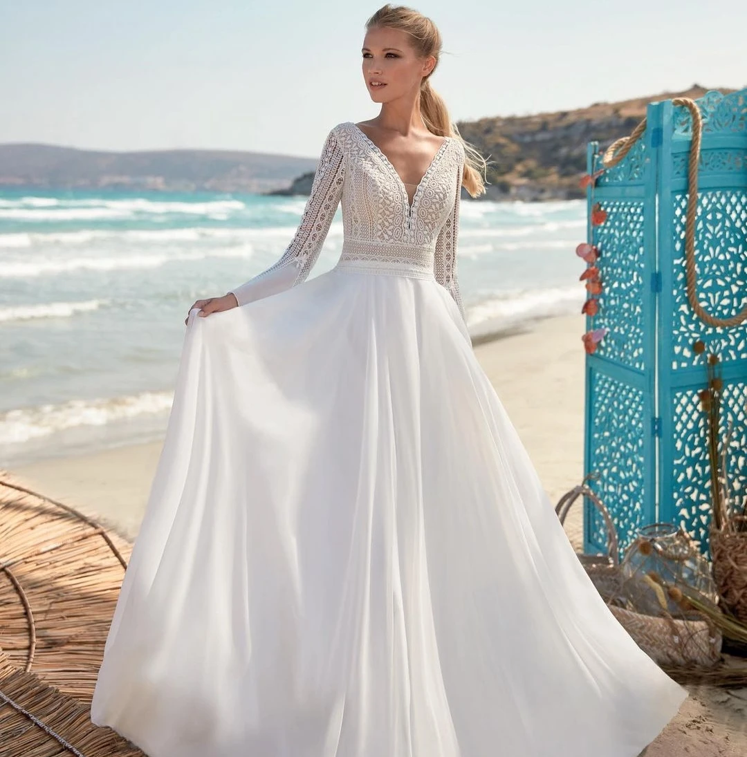 Long Sleeve Lace V-Neck Grindų ilgis Vestuvių Suknelė Boho Bohemijos Nuotakos Suknelė Šifono Paprasta Paplūdimio Derliaus Moterų, Nuotakų Pigiai