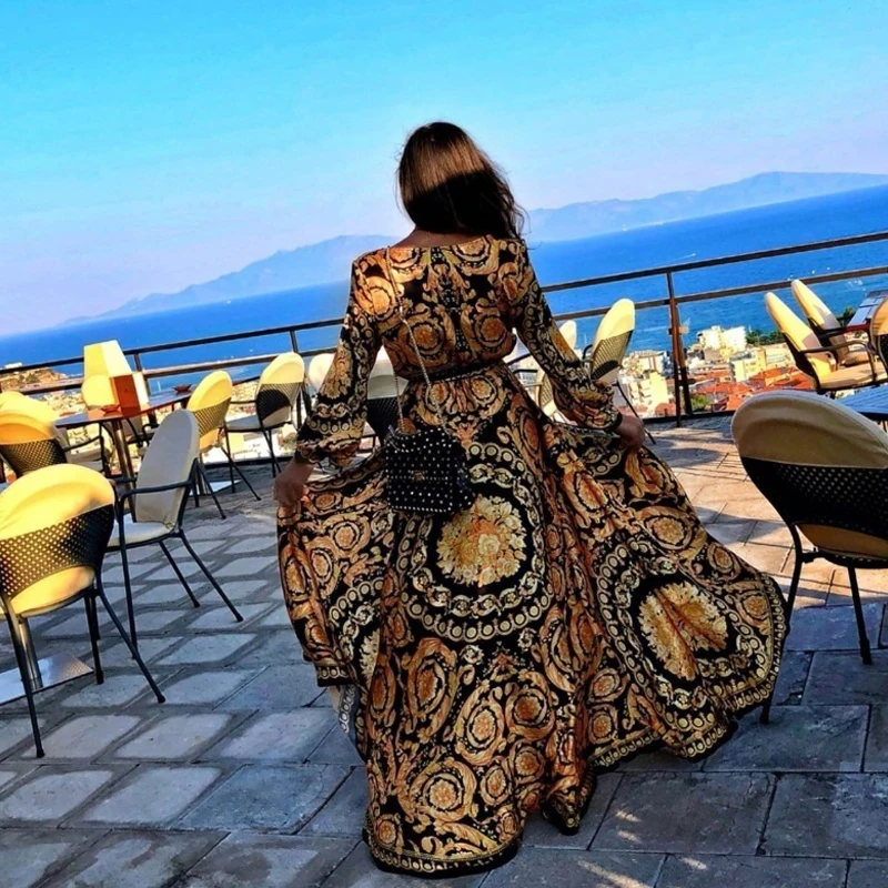 Moterų Mados Pavasario Rudens Boho ilgomis Rankovėmis Atspausdintas Maxi Suknelė su V-kaklo Aukštos Padalinta Šalis Suknelės