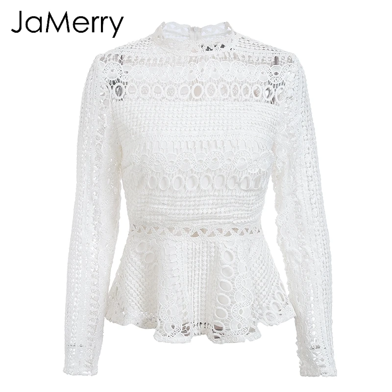 JaMerry Elegantiškas tuščiaviduriai iš peplum nėrinių palaidinė marškinėliai Moterims ilgomis rankovėmis pynimas balta palaidinė Moteriška o kaklo užtrauktukas pavasario viršuje 2019
