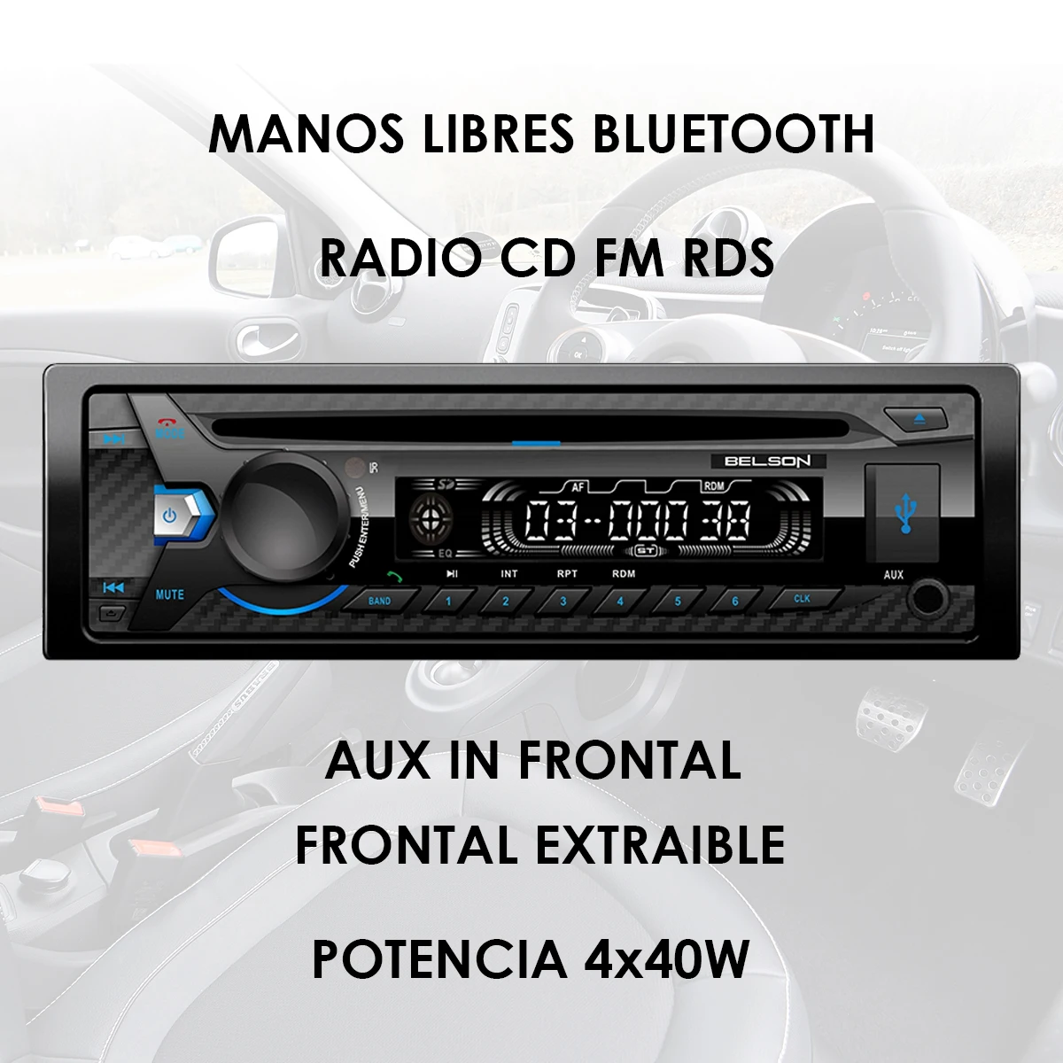 Radijo / CD FM RDS Belson BS-12142BTW, Elektra 4x40W, USB, SD, laisvų rankų įranga, Bluetooth, MP 3 grotuvas, AUX-IN.