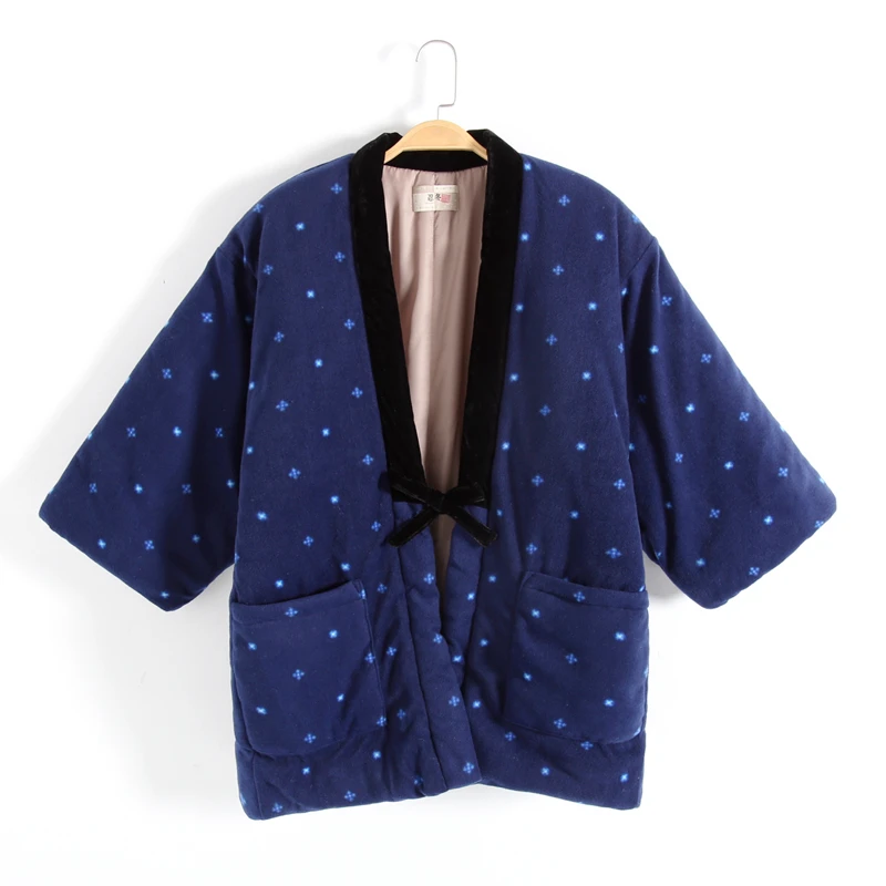 Hanten Japonų Kimono Stiliaus Megztinis Moterims Tradicinis Žiemos Šiltas Wadded Yukata Vyrų Kailis Outwear Azijos Namų Drabužių Haori