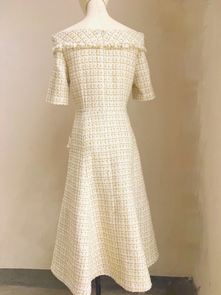 Elegantiškos moters aukštos kokybės pledas tvido suknelė 2019 m. rudenį elegantiškas off peties suknelė A575