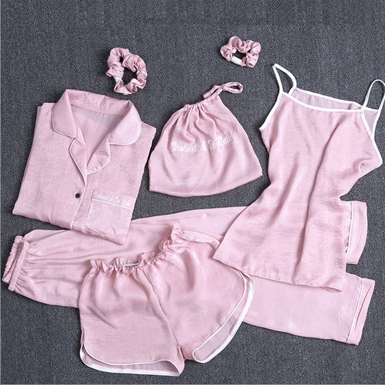Pjs Pink moteriški 7 Gabalus Pižama Rinkiniai Emuliacija Šilko Dryžuotas Pyjama Moterys Pavasarį, Vasarą, Rudenį, Žiemą Namuose Drabužius Pijama Mujer