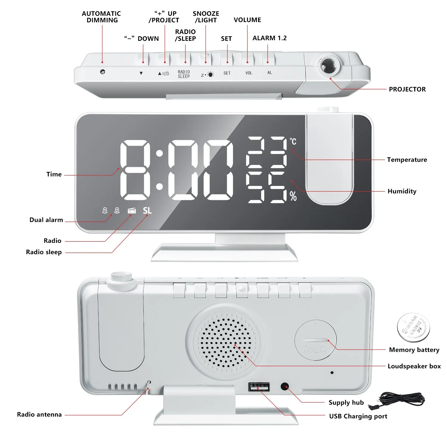 LED Skaitmeninis Laikrodis-Žadintuvas Žiūrėti Lentelėje Elektroninių Darbalaukio Laikrodžius, USB Pabusti FM Radijas Laiko Projektorius Atidėjimo Funkcija, 2 Signalizacijos ^^