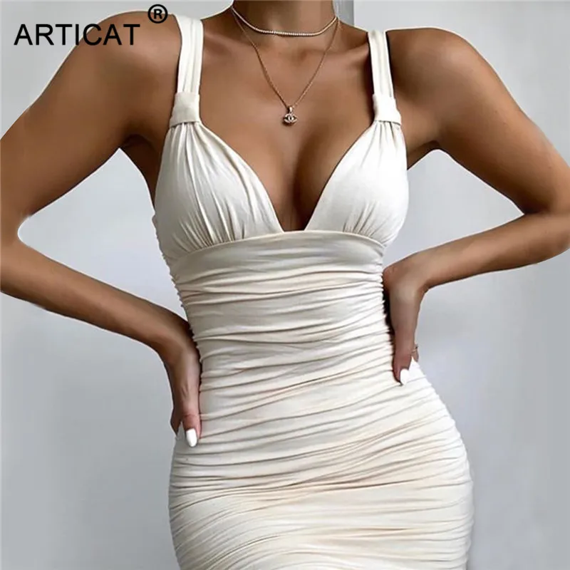 Articat Sexy V Kaklo Ruched Bodycon Midi Suknelė Moterų Berankovis Tvarstis Baltos Spalvos Elegantiškas Šalis Klubo Suknelės Vasaros 2020 Drabužiai